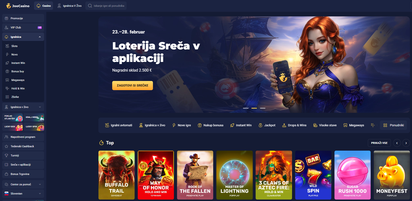 Casino website displayed on a computer screen, showcasing games and promotions available for online players.